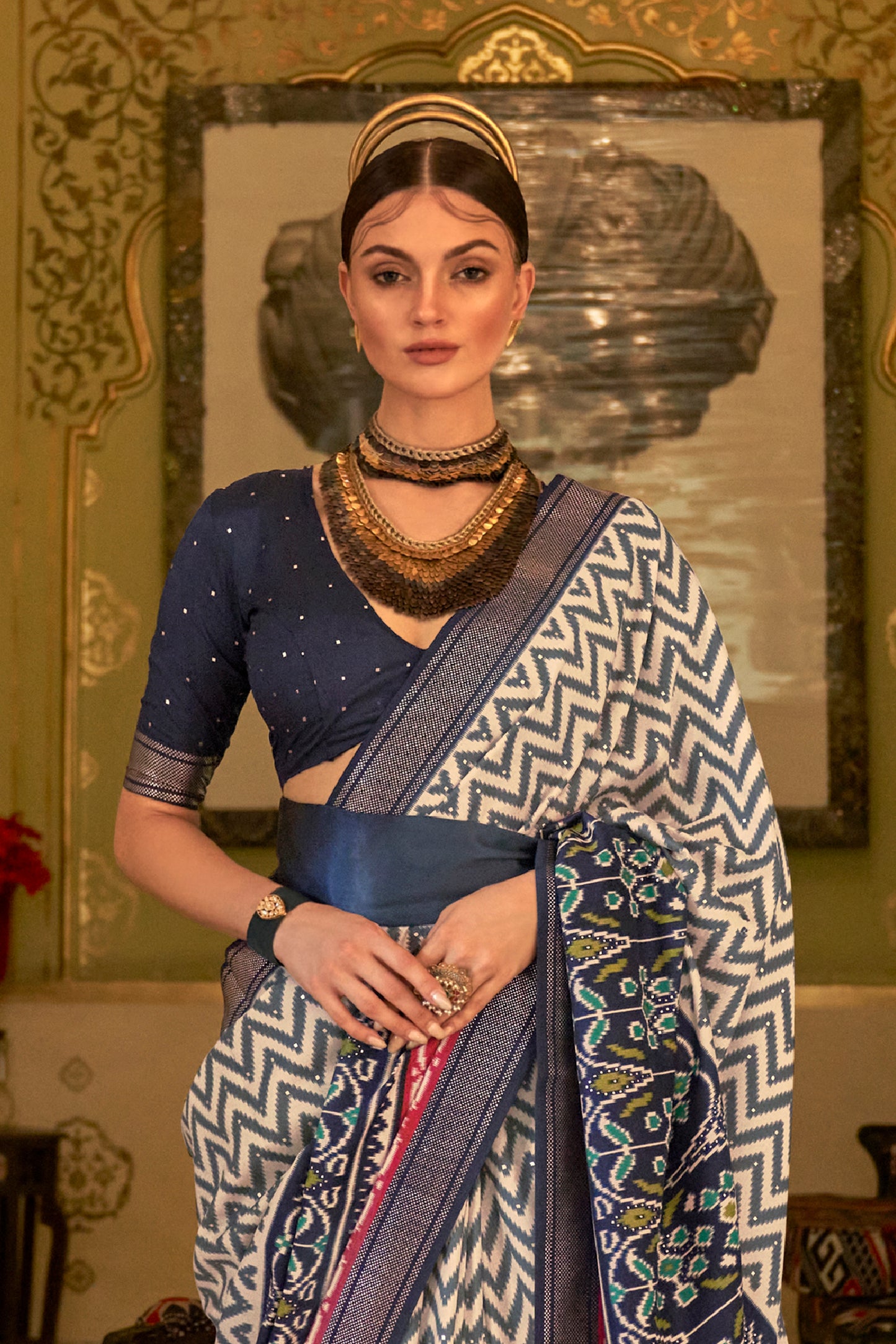 Midnight Blue with White Patola Design Saree with Contrast Zari Border and Pallu