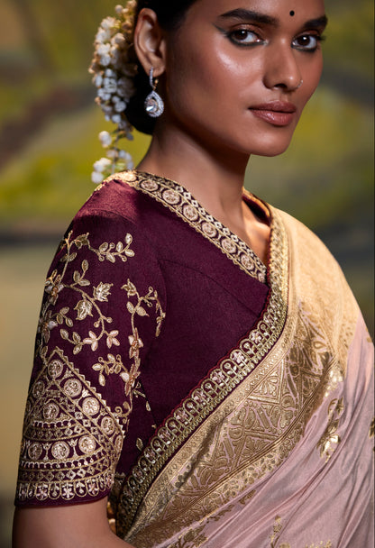 Dusty Rose Banarasi Woven Saree with Maroon Blouse