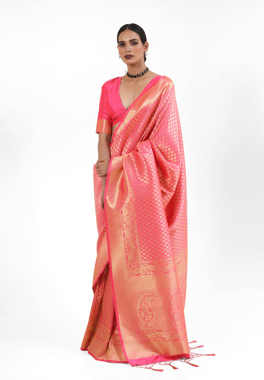 Cantaloupe Pink  Zari Woven Soft Kanjivaram Silk Saree