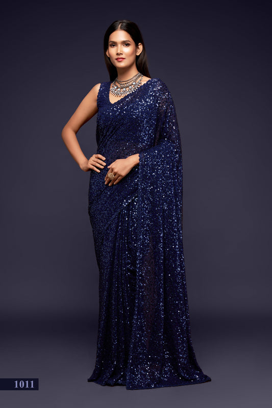 Starlight Blue Sequin emblished Designer Sparkling Georgette Saree Bloue for Every Occassions