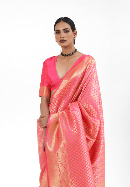 Cantaloupe Pink  Zari Woven Soft Kanjivaram Silk Saree