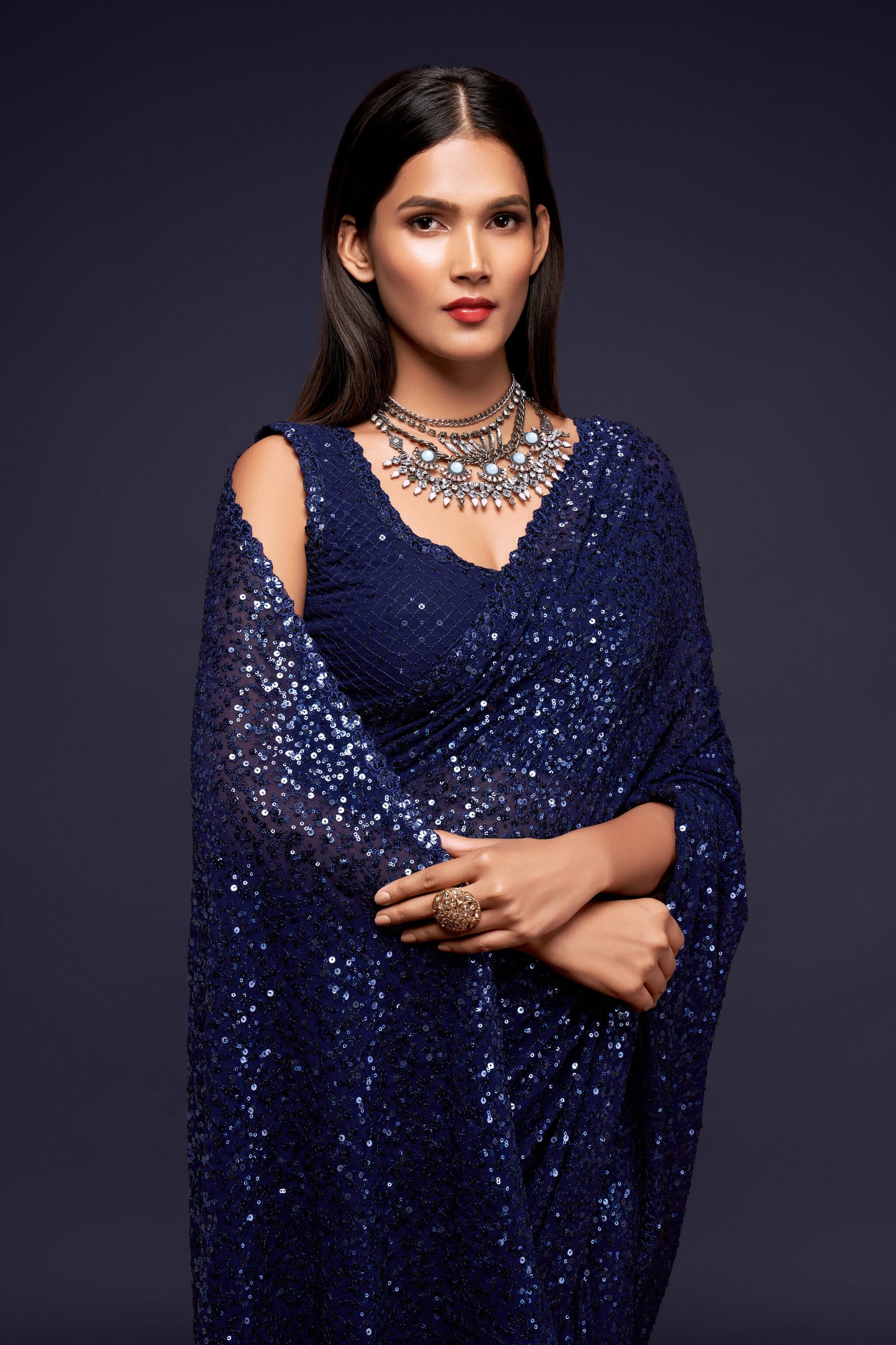 Starlight Blue Sequin emblished Designer Sparkling Georgette Saree Bloue for Every Occassions