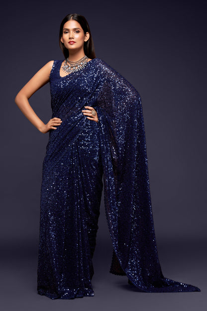 Starlight Blue Sequin emblished Designer Sparkling Georgette Saree Bloue for Every Occassions