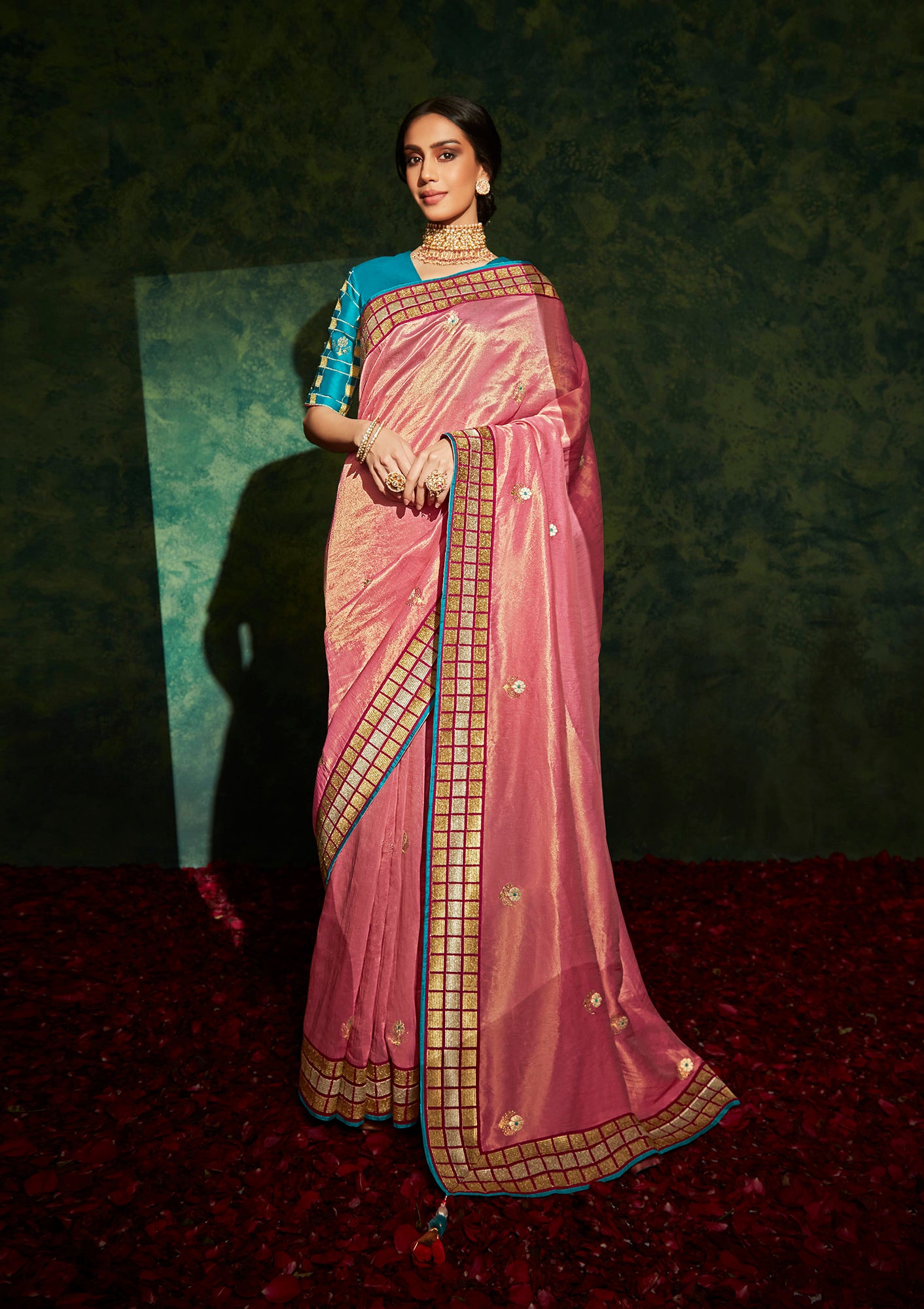 Bright Coral Shimmer Organza Saree with Embroidered Border
