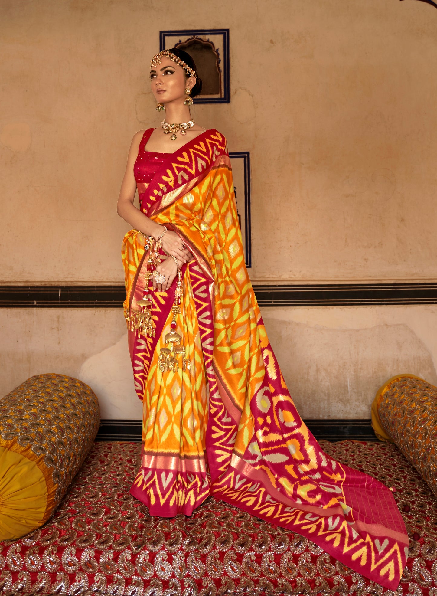 Mango Yellow Ikat Design Patola Saree in Pure Satin Silk