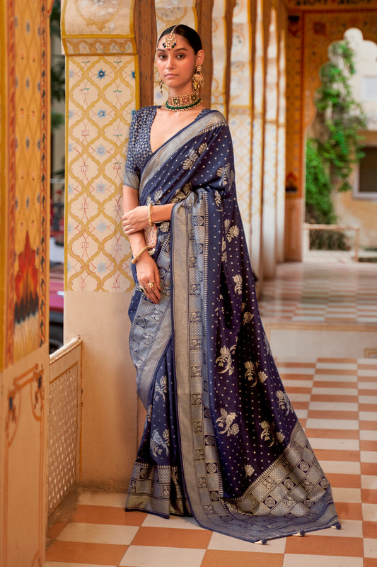 Navy Blue Banarasi Silk Saree with Designer Blouse for Women