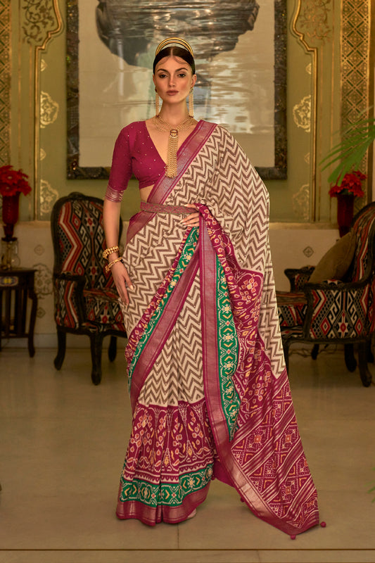 Maroon with White Patola Design Saree with Contrast Zari Border and Pallu