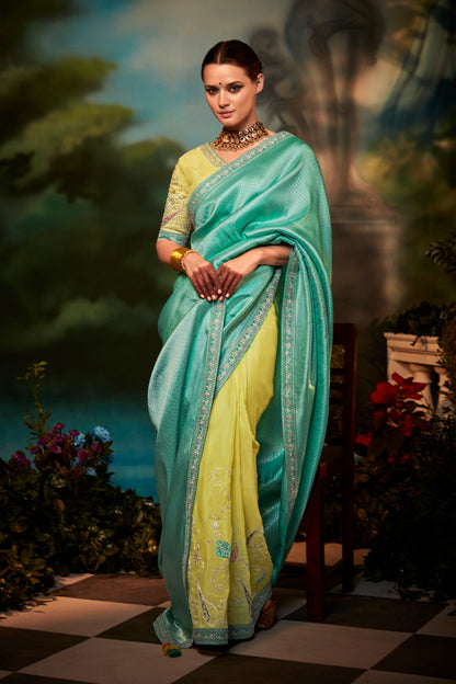 Sea Blue & Yellow Feather Light Organza Saree with Designer Blouse