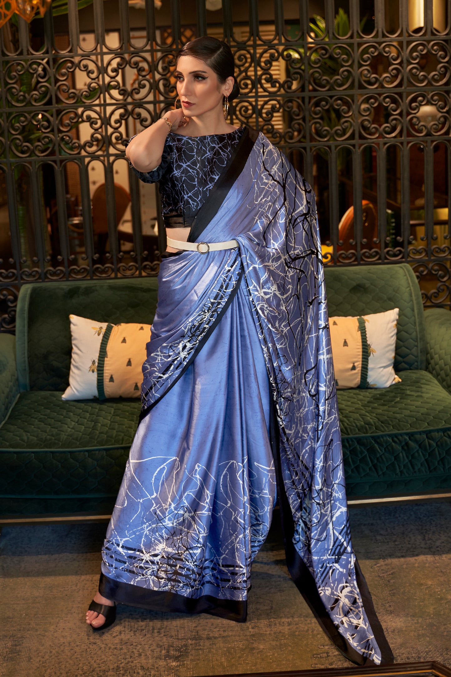 Violet Blue Designer 3d Printed Soft Satin Silk Saree with Blouse