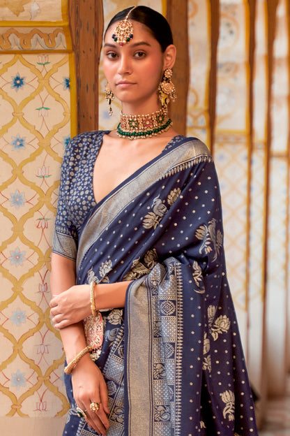 Navy Blue Banarasi Silk Saree with Designer Blouse for Women