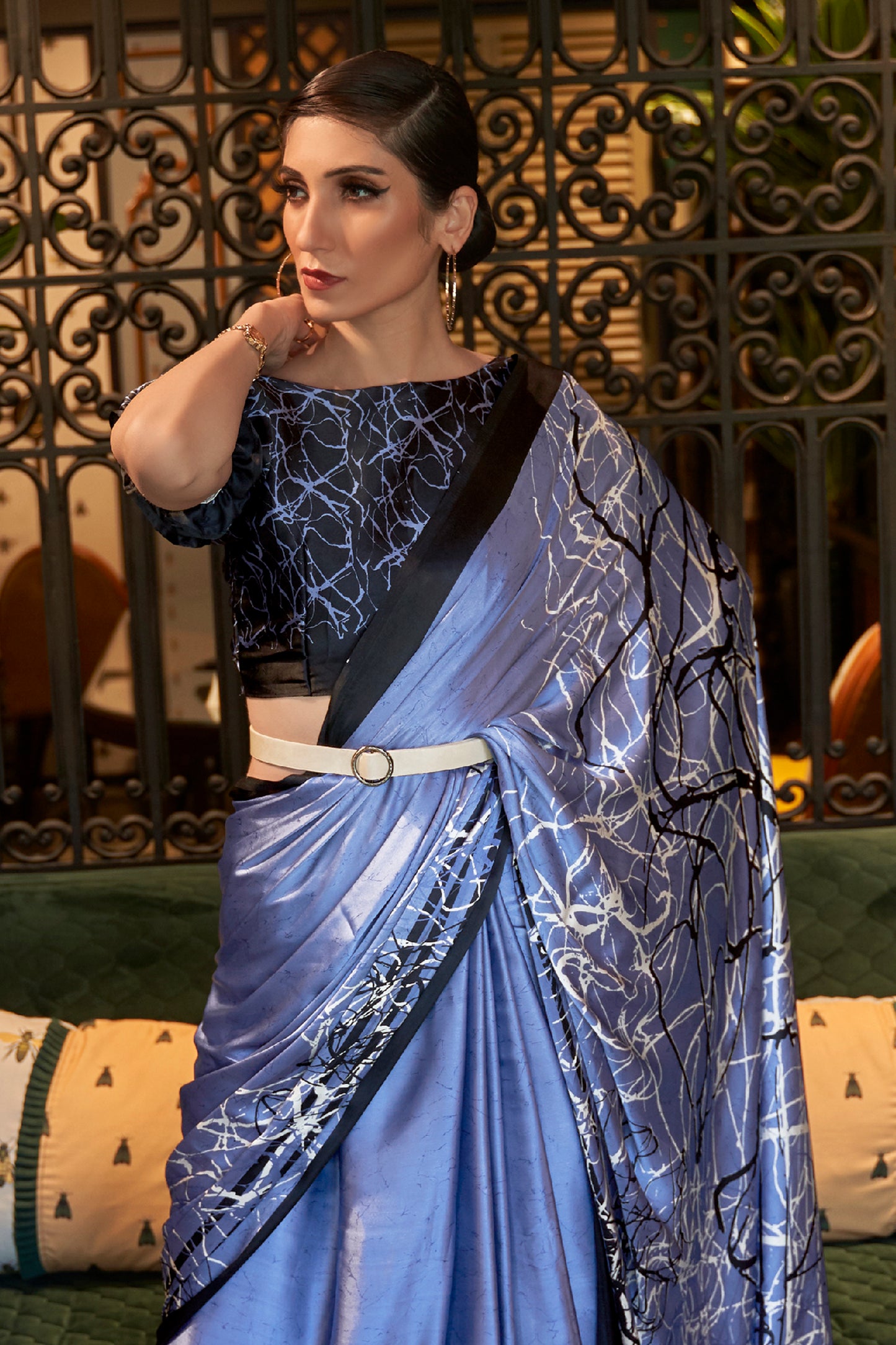 Violet Blue Designer 3d Printed Soft Satin Silk Saree with Blouse