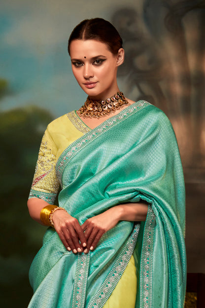 Sea Blue & Yellow Feather Light Organza Saree with Designer Blouse