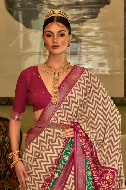 Maroon with White Patola Design Saree with Contrast Zari Border and Pallu