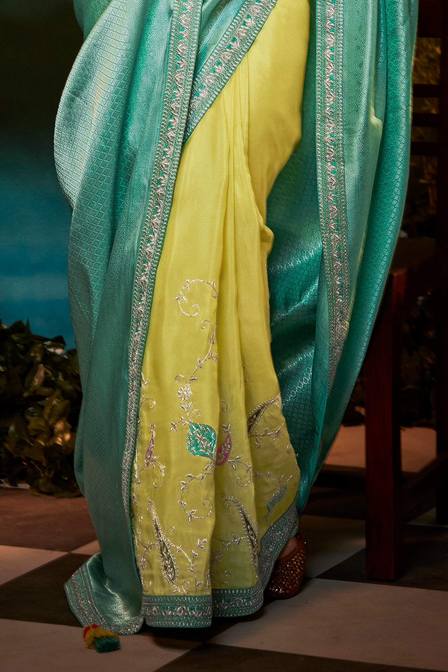 Sea Blue & Yellow Feather Light Organza Saree with Designer Blouse