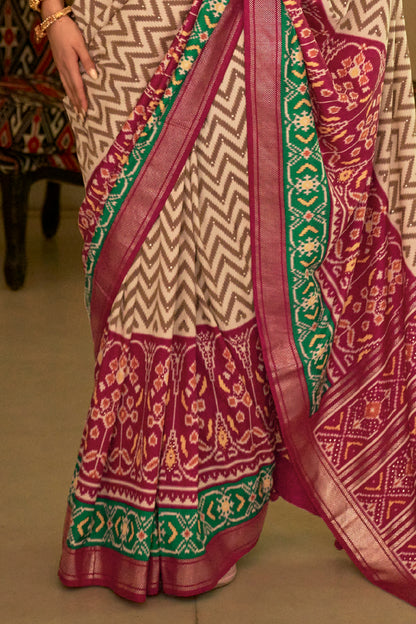 Maroon with White Patola Design Saree with Contrast Zari Border and Pallu