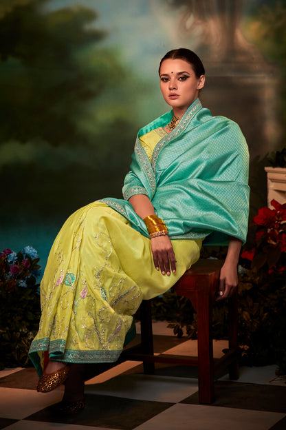 Sea Blue & Yellow Feather Light Organza Saree with Designer Blouse