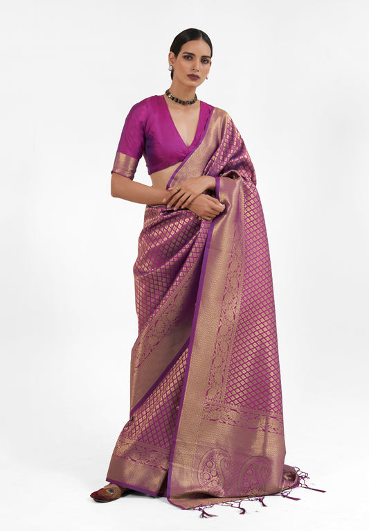 Hibiscus Purple  Zari Woven Soft Kanjivaram Silk Saree