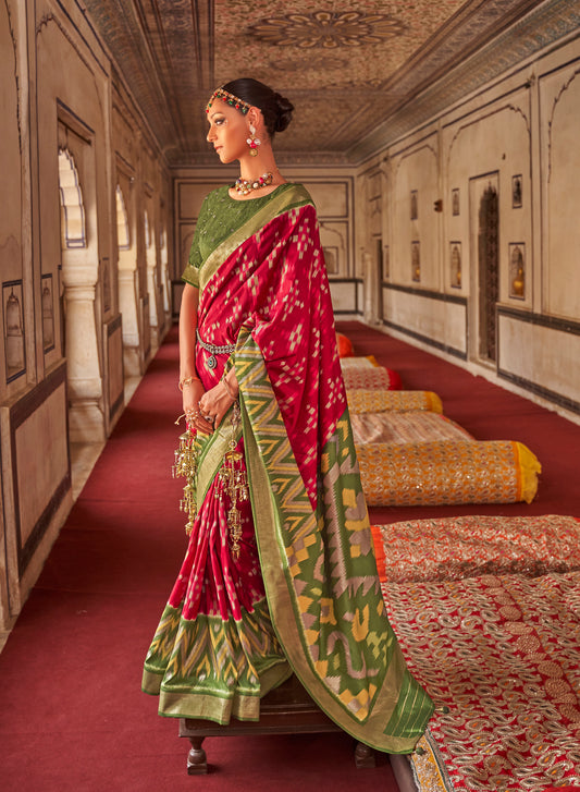 Red with Green Ikat Design Patola Saree in Pure Satin Silk