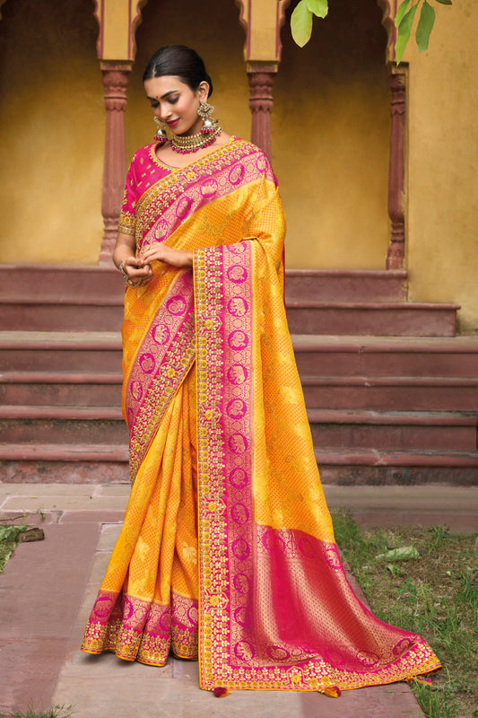 Mango Yellow  Dola Silk Big Bordered Designer Saree with Embroidered Blouse