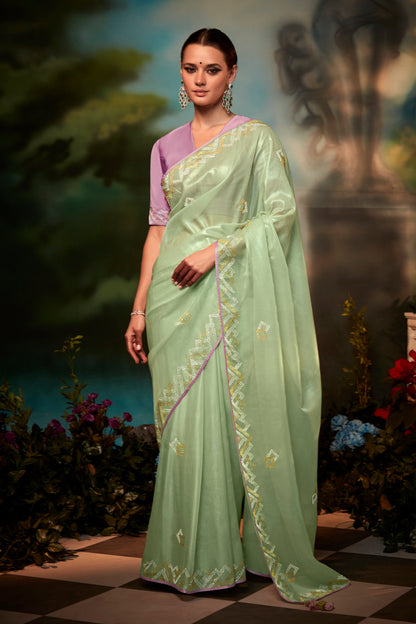 Pistachio Green Feather Light Organza Saree with Designer Blouse