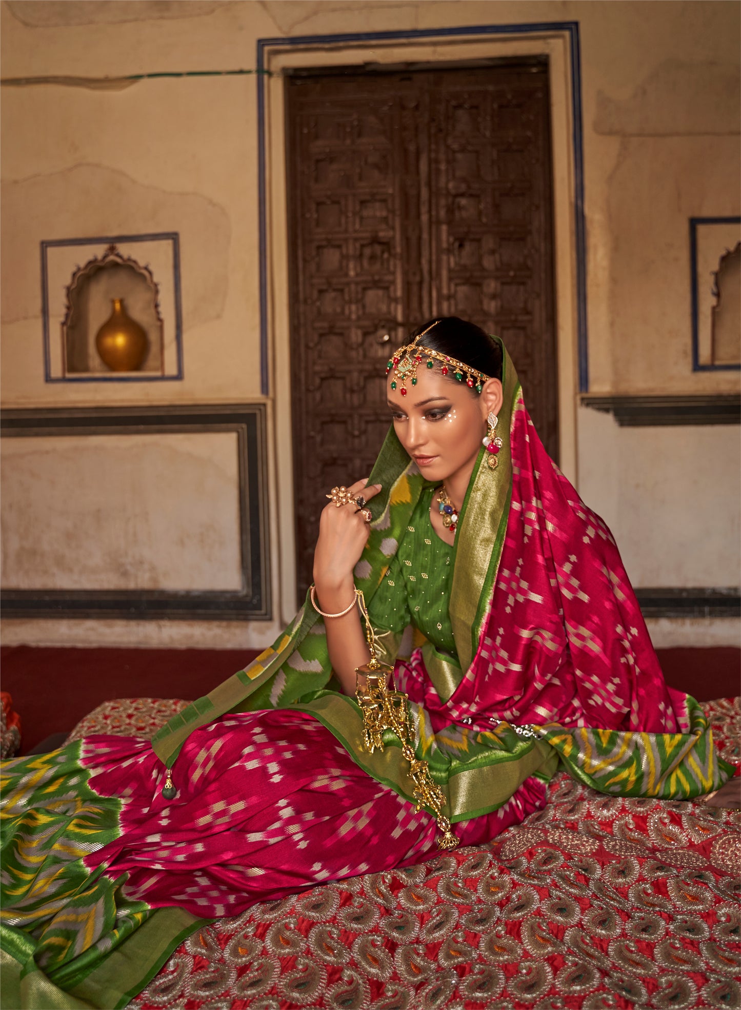 Red with Green Ikat Design Patola Saree in Pure Satin Silk