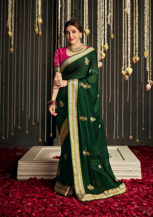 Poison Green Satin Silk Designer Saree with Pink Blouse