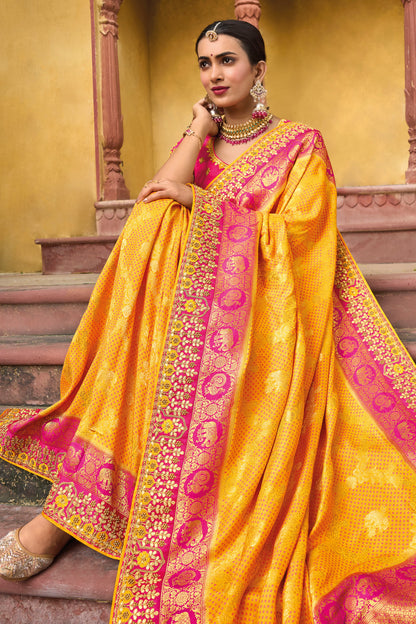 Mango Yellow  Dola Silk Big Bordered Designer Saree with Embroidered Blouse
