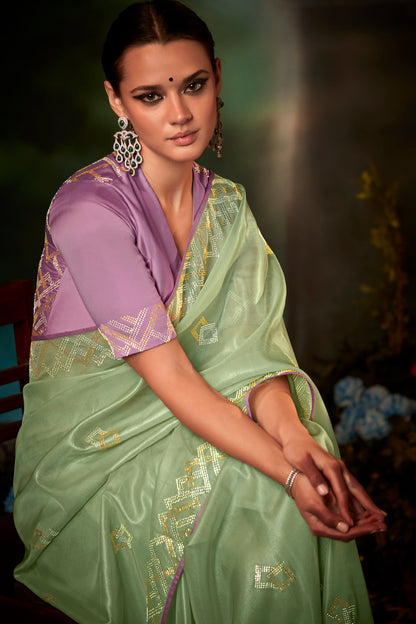 Pistachio Green Feather Light Organza Saree with Designer Blouse