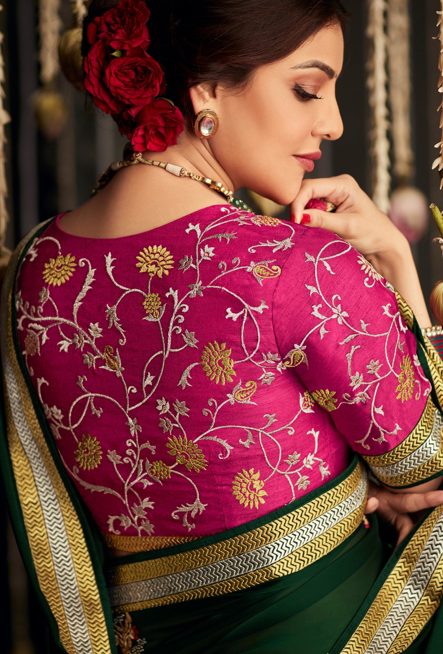 Poison Green Satin Silk Designer Saree with Pink Blouse