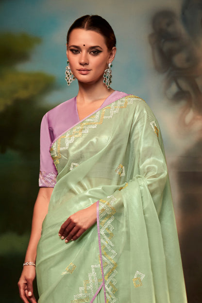 Pistachio Green Feather Light Organza Saree with Designer Blouse