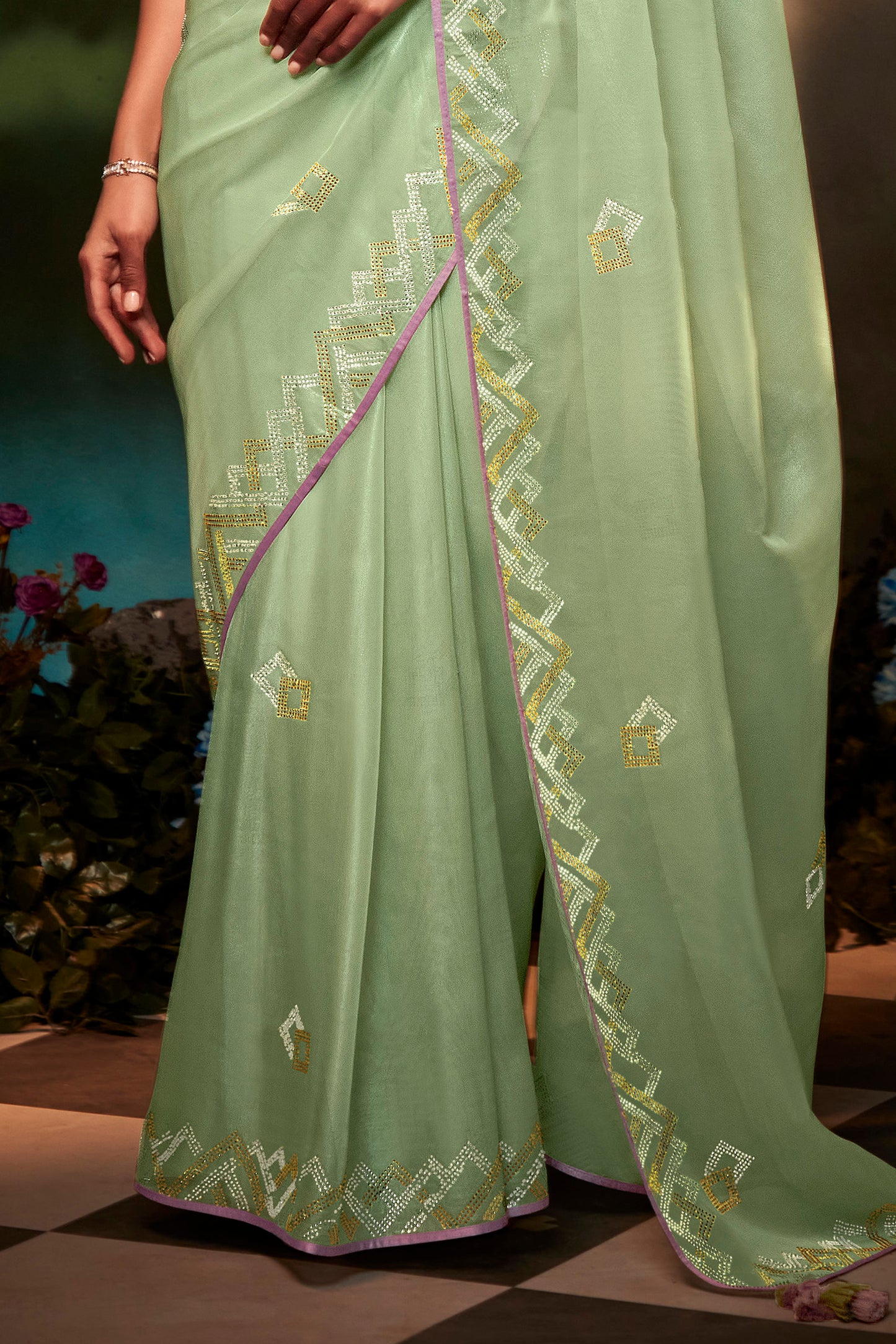 Pistachio Green Feather Light Organza Saree with Designer Blouse