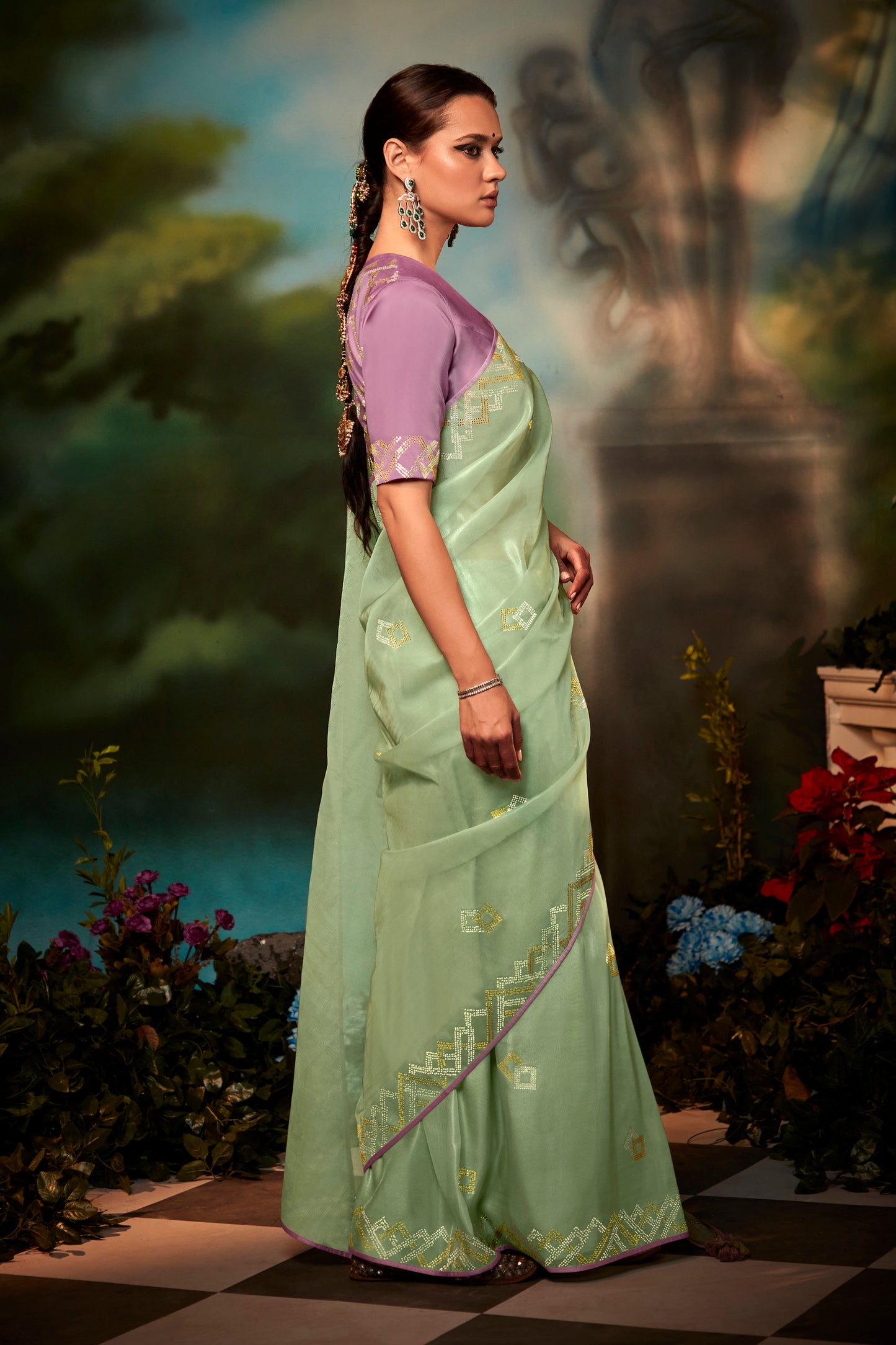 Pistachio Green Feather Light Organza Saree with Designer Blouse