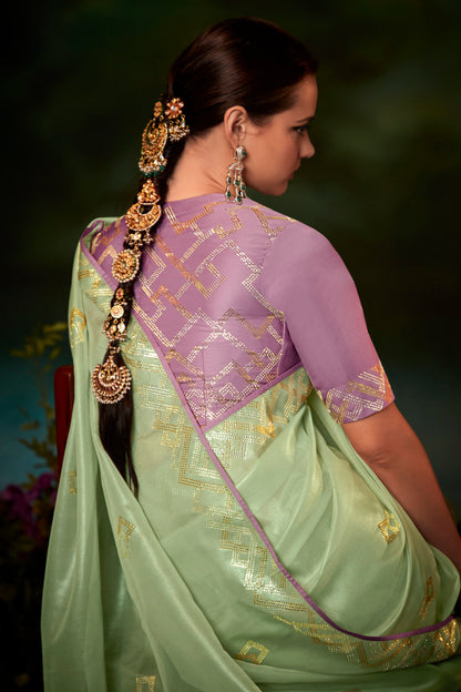 Pistachio Green Feather Light Organza Saree with Designer Blouse