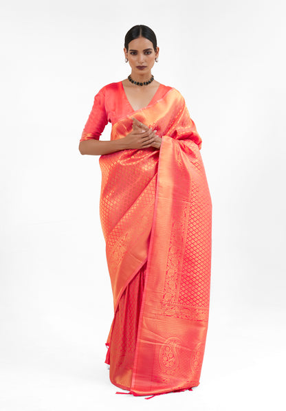 Tangerine Orange  Zari Woven Soft Kanjivaram Silk Saree