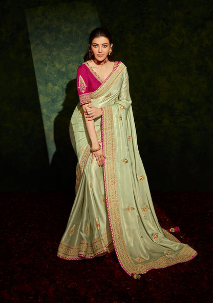 Lime Green Banarasi Soft Organza Saree with Heavy Border