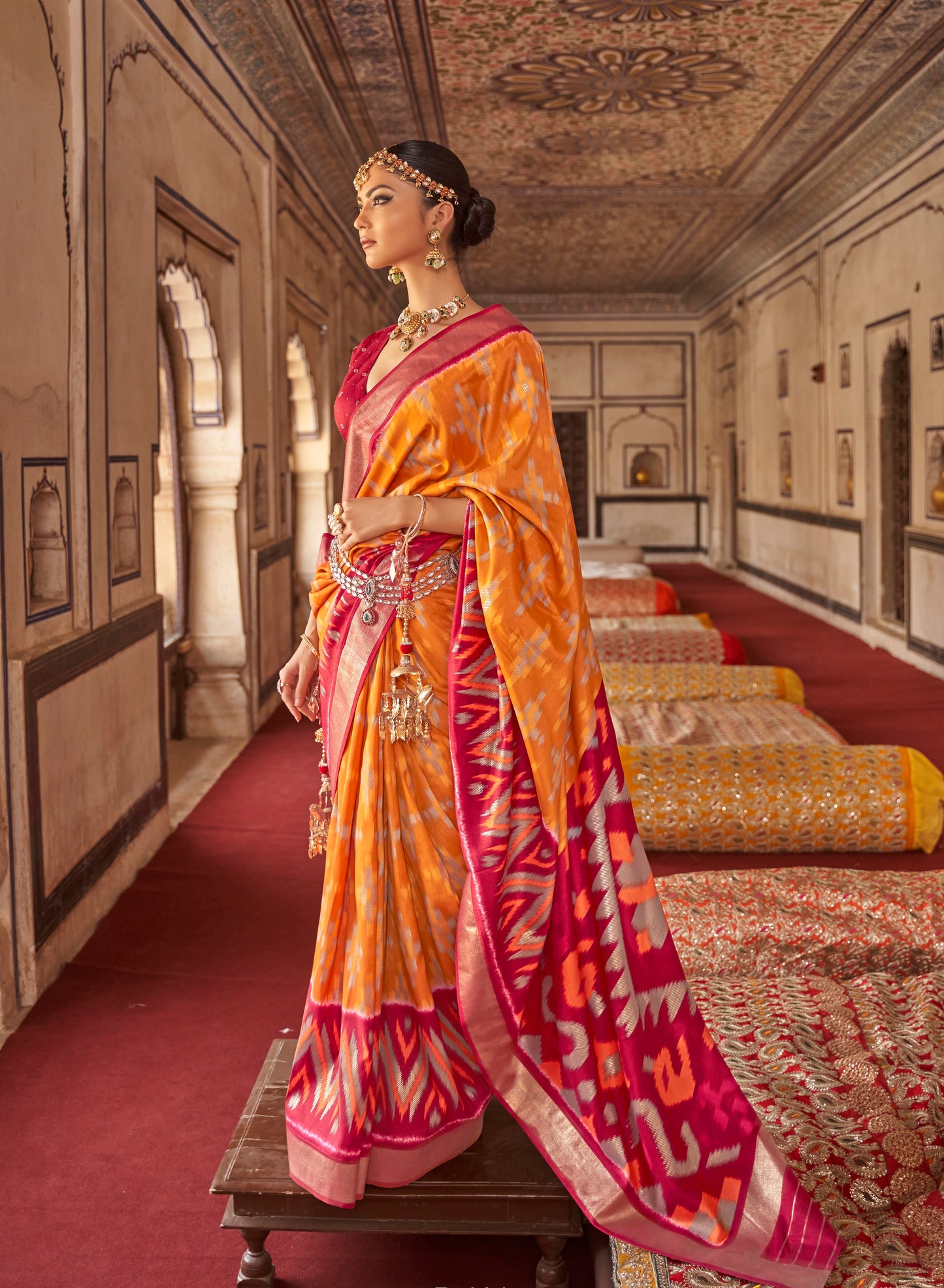 Orange Ikat Design Patola Saree in Pure Satin Silk