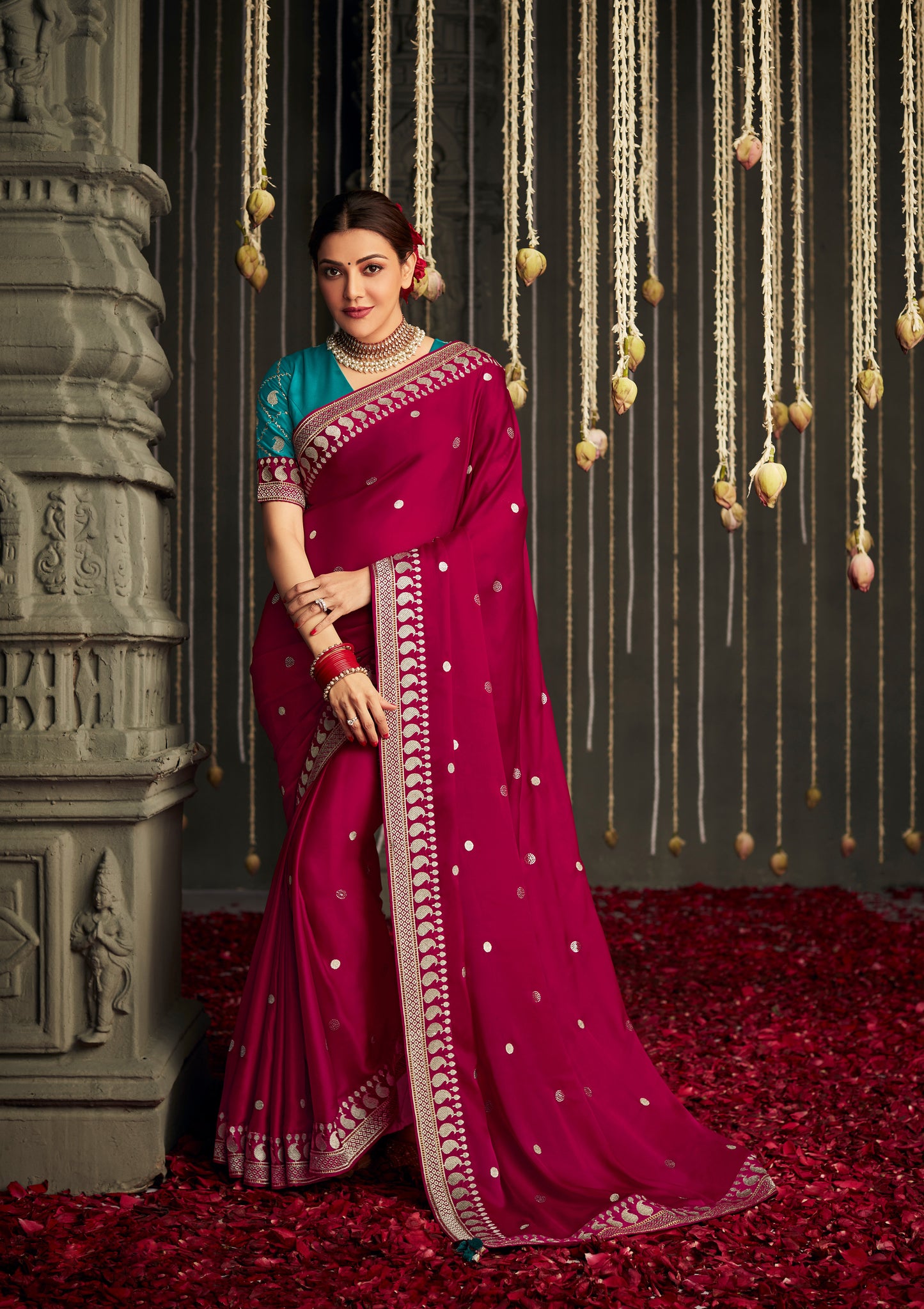 Ruby Pink Satin Silk Designer Saree with Blue Blouse