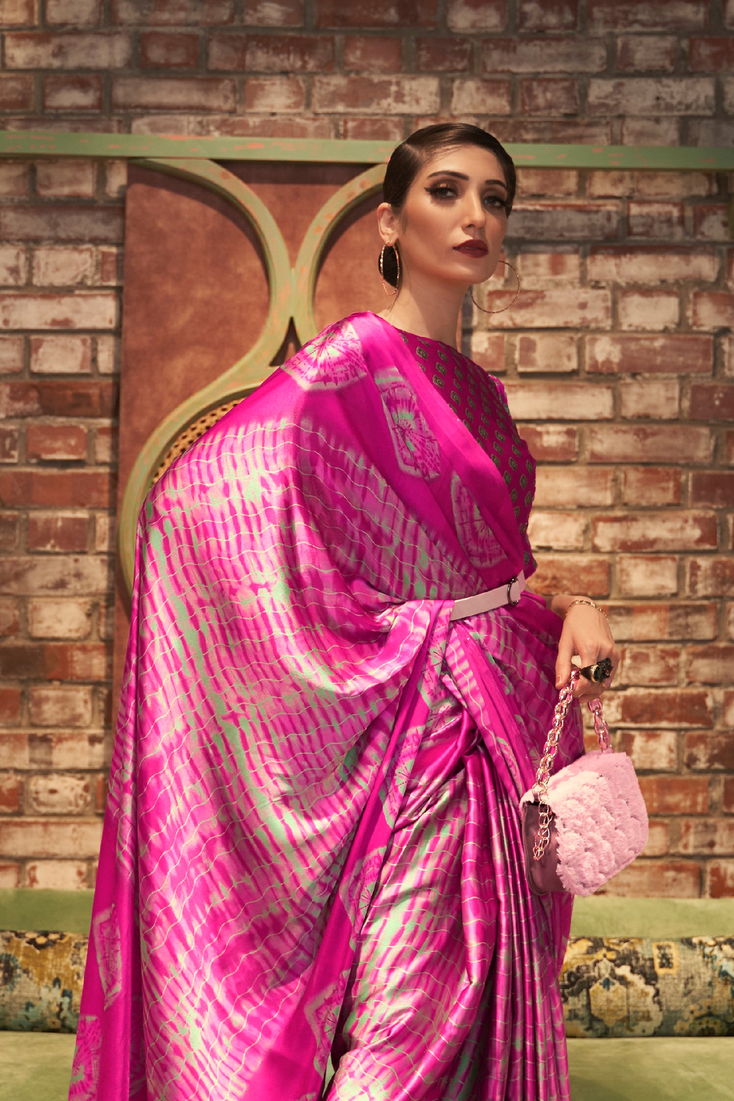 Rose Pink Tie Dye Designer 3d Printed Soft Satin Silk Saree with Blouse
