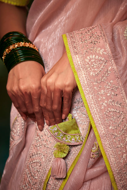 Light Pink Feather Light Organza Saree with Designer Blouse