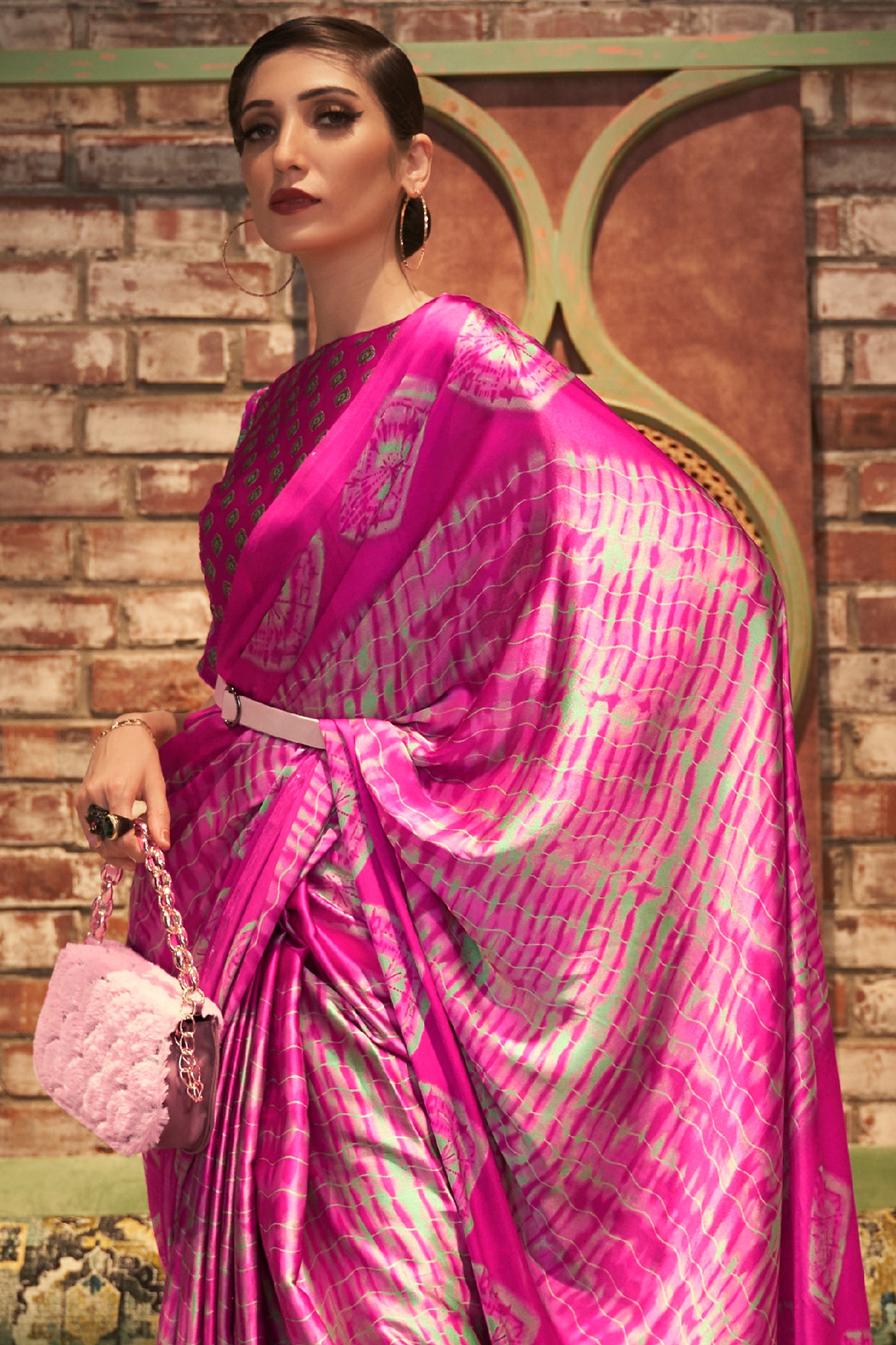 Rose Pink Tie Dye Designer 3d Printed Soft Satin Silk Saree with Blouse