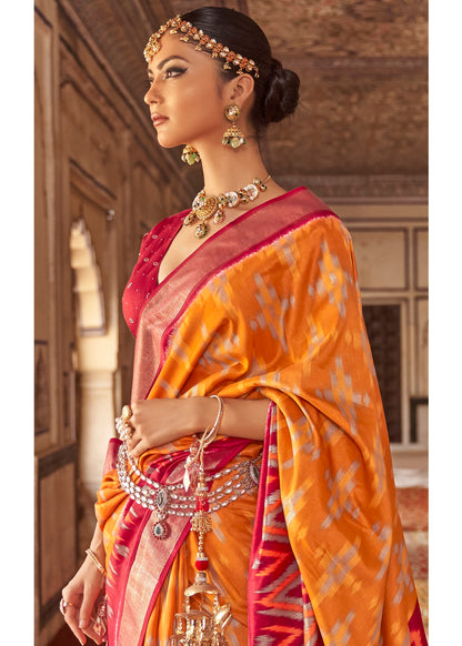 Orange Ikat Design Patola Saree in Pure Satin Silk