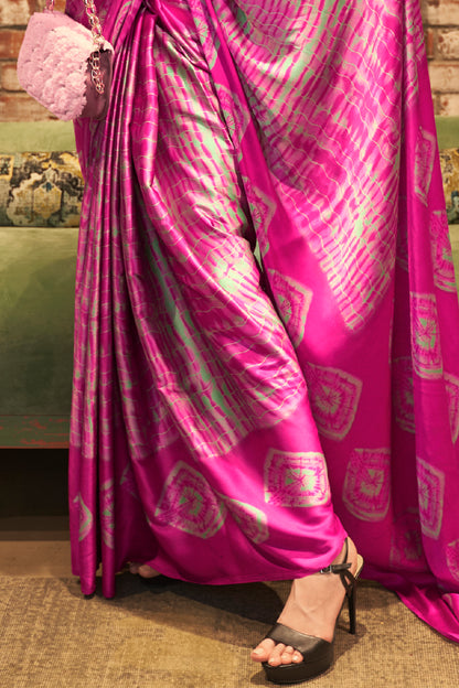 Rose Pink Tie Dye Designer 3d Printed Soft Satin Silk Saree with Blouse