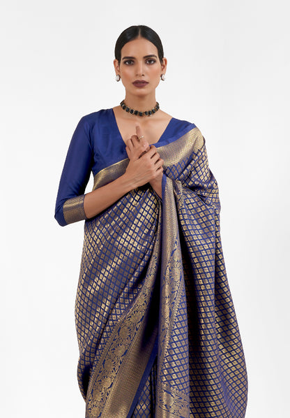 Denim Blue  Zari Woven Soft Kanjivaram Silk Saree