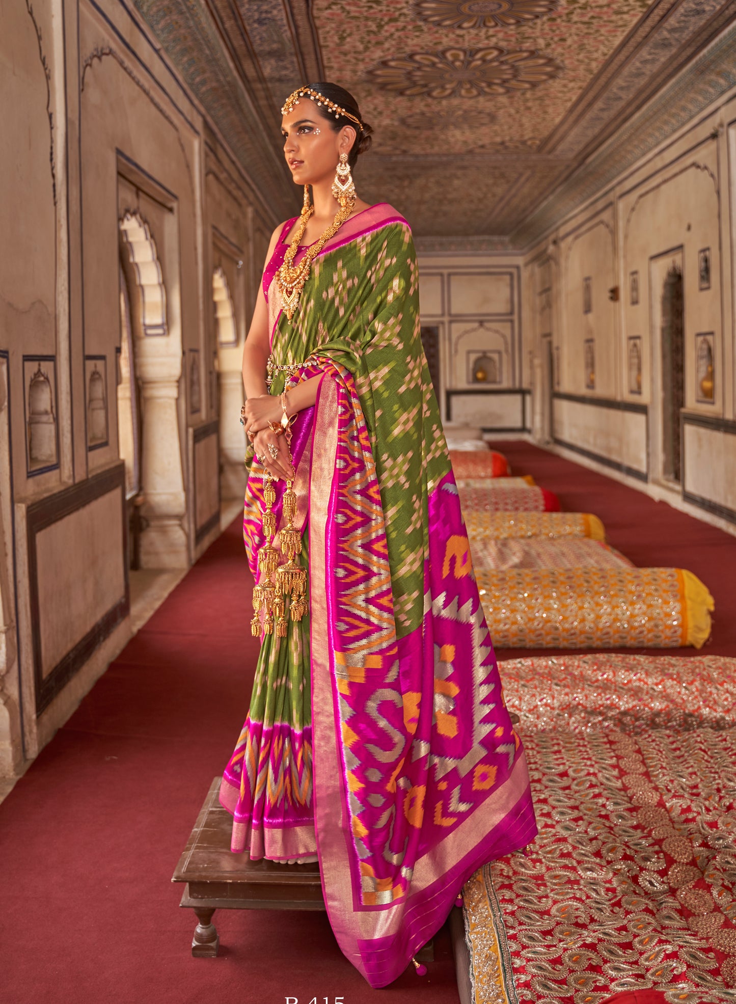 Green with Pink Ikat Design Patola Saree in Pure Satin Silk