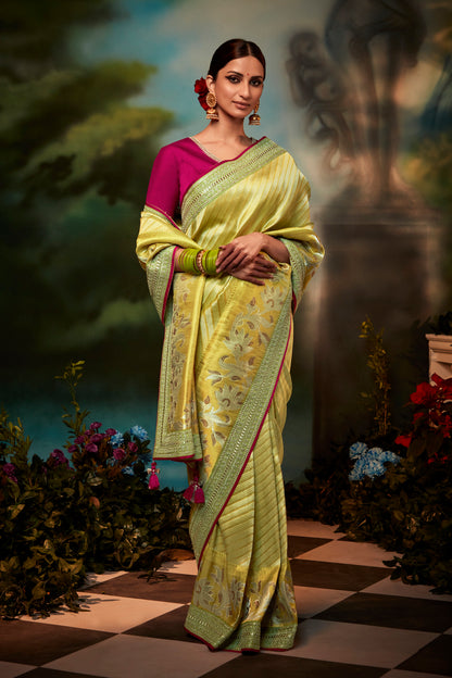 Yellowish Green Feather Light Woven Banarasi Saree with Designer Blouse