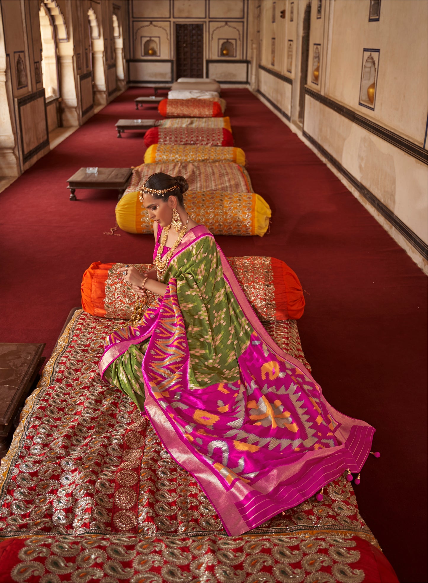 Green with Pink Ikat Design Patola Saree in Pure Satin Silk