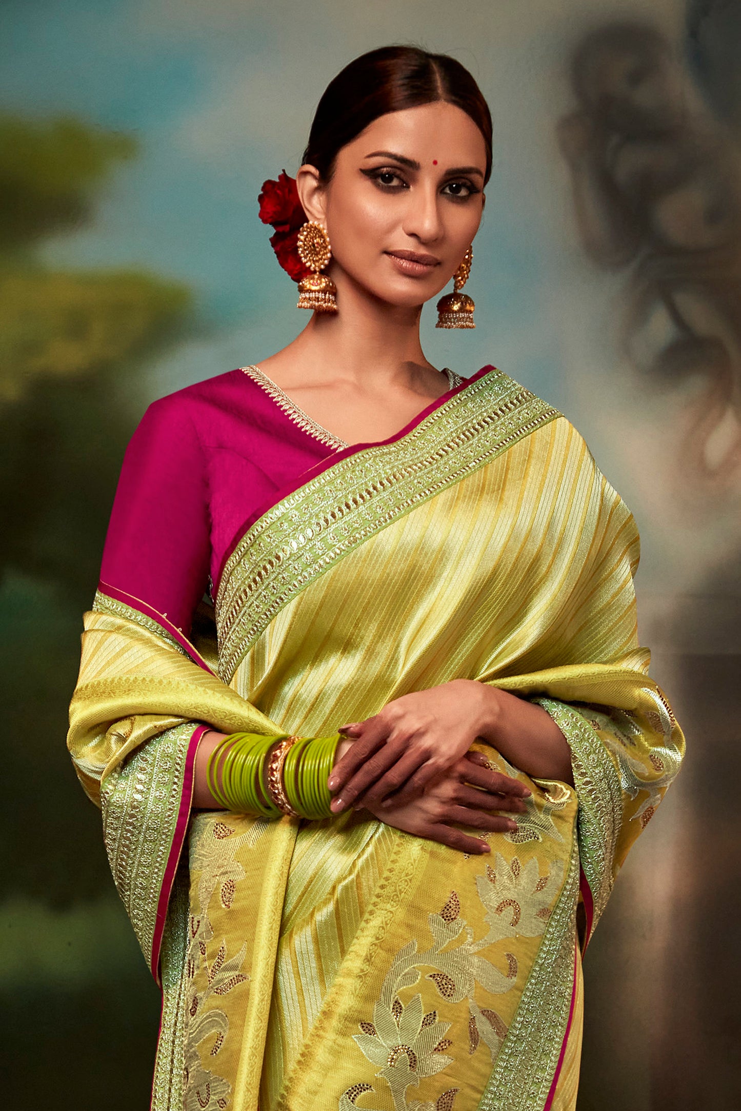 Yellowish Green Feather Light Woven Banarasi Saree with Designer Blouse