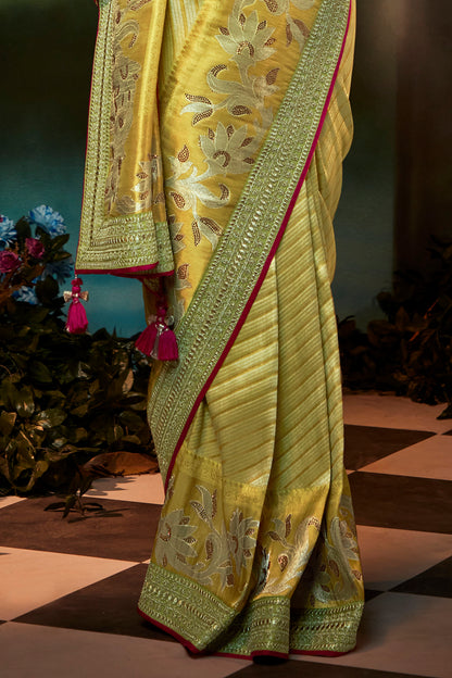 Yellowish Green Feather Light Woven Banarasi Saree with Designer Blouse