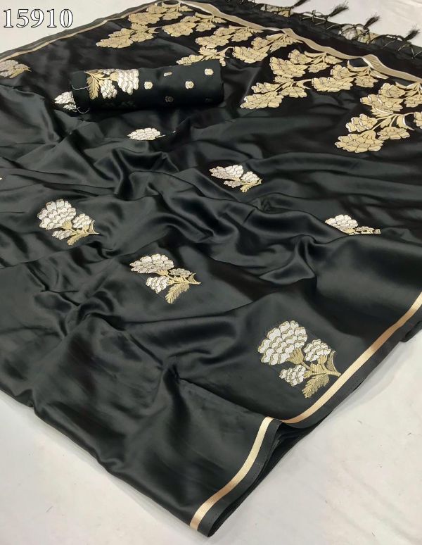 Black & Gold Pure Satin Silk Handloom Weaving Saree