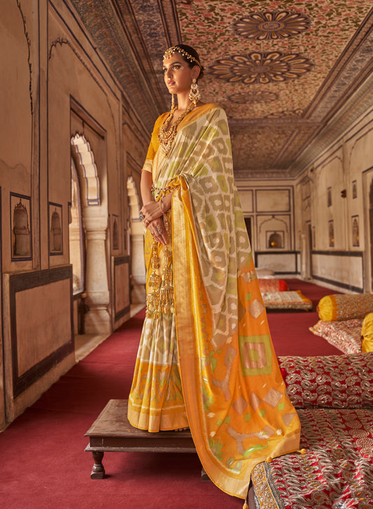 Yellow with White Green Ikat Design Patola Saree in Pure Satin Silk